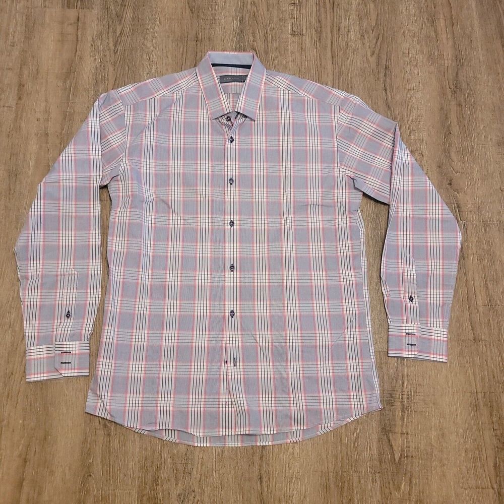 Carven Men's Button Up Shirt ~ Sz L ~ Blue, White, Pink Plaid ~ Long Sleeve